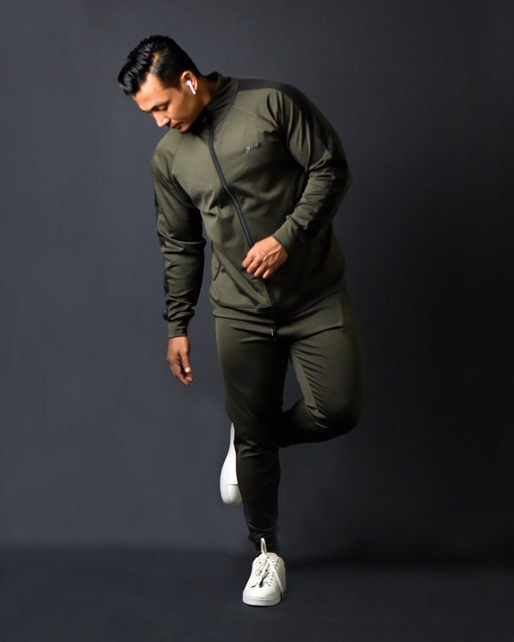 MOVERFIT Ankle and Slim Fit  Athleisure Tracksuit : Olive with Black Strip